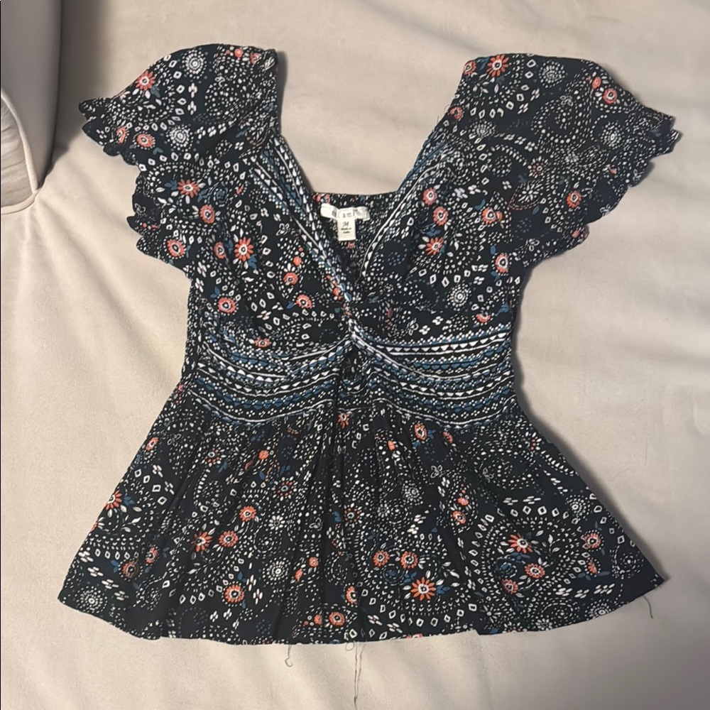Miami Black and Pink Flutter Sleeve Peplum Blouse